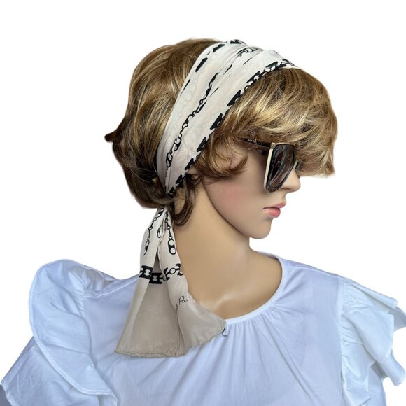 Vintage La Belle Creole Paris Silk Scarf Beige Black Chain Print 42inx10in Glam - Picture 9 of 11